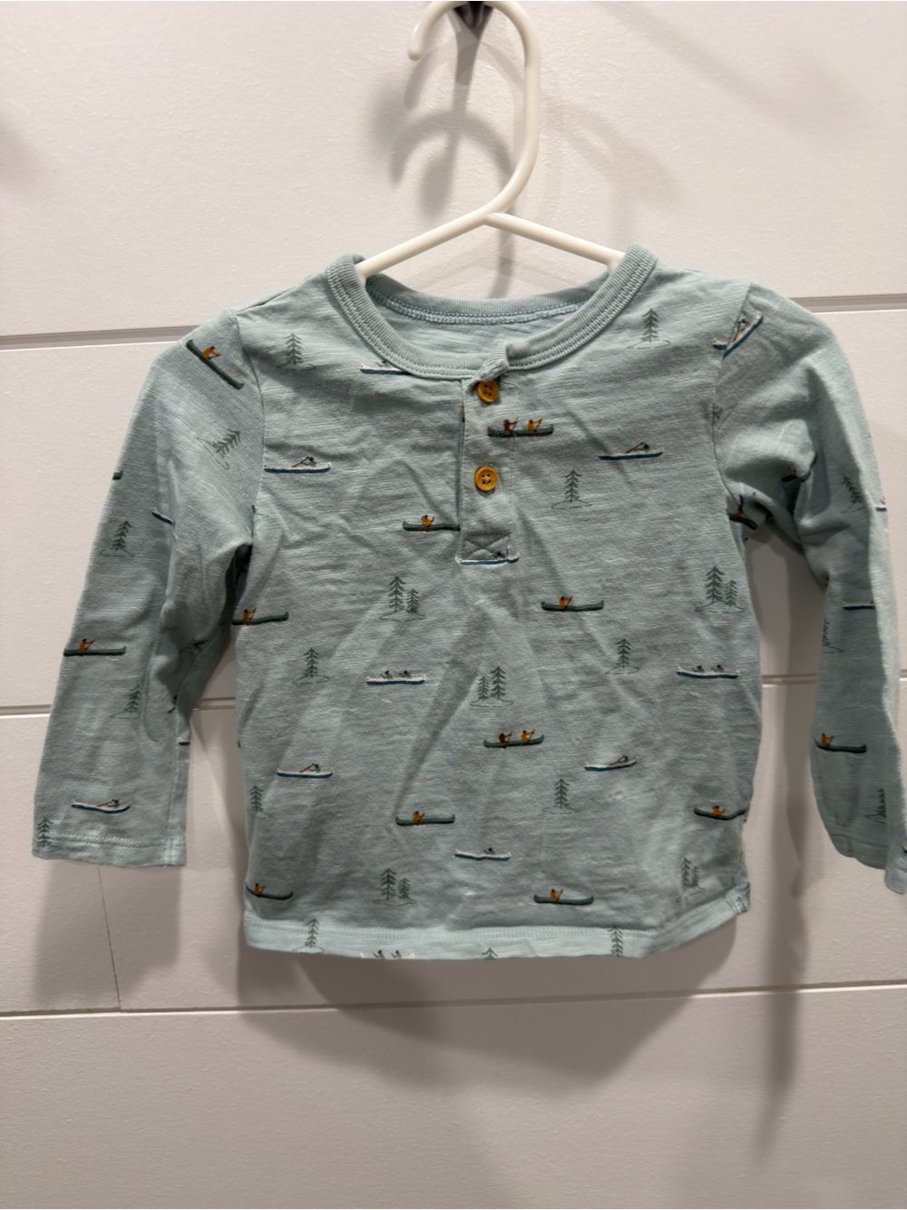 Kids Light Blue Long-Sleeve Henley Top with Canoe Print